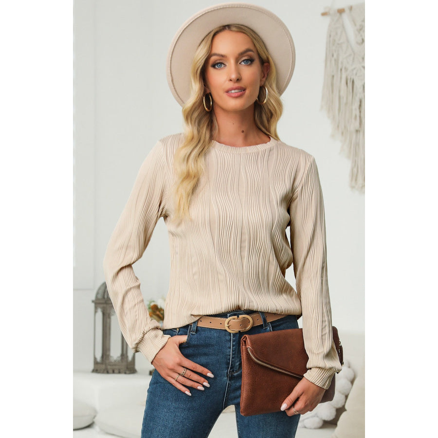 Textured Round Neck Long Sleeve Blouse Apparel and Accessories