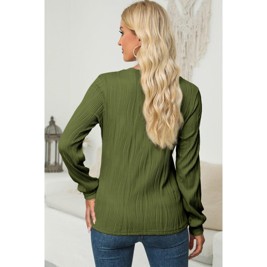 Textured Round Neck Long Sleeve Blouse Apparel and Accessories