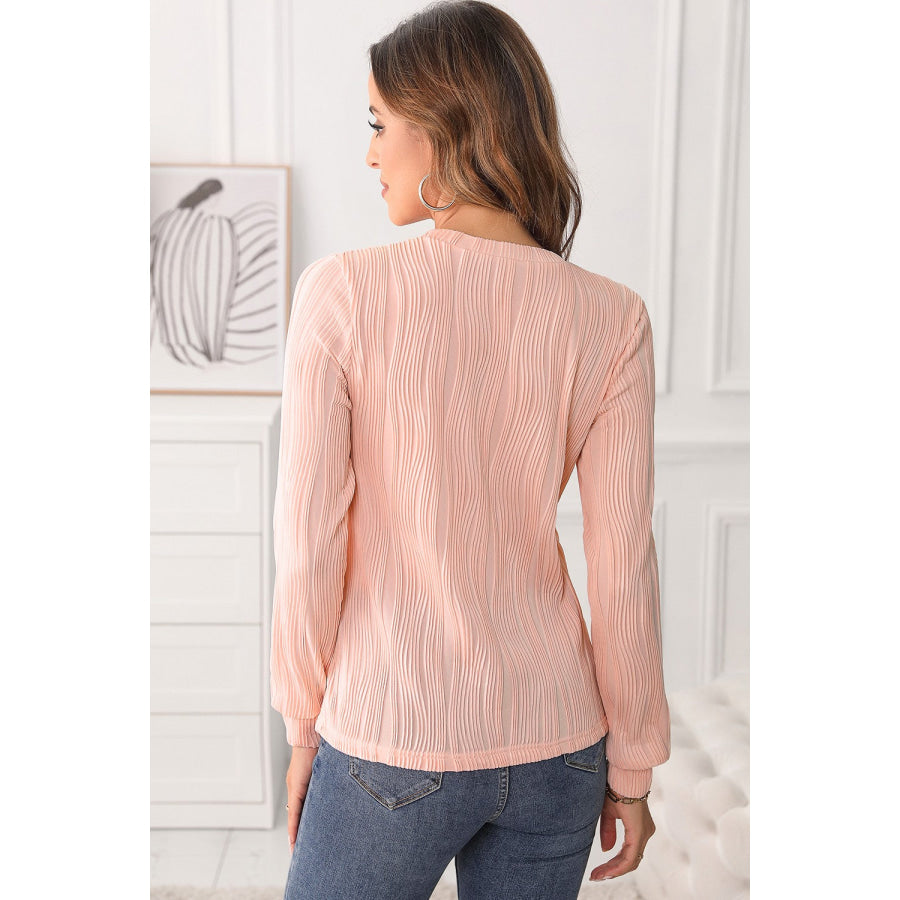 Textured Round Neck Long Sleeve Blouse Apparel and Accessories