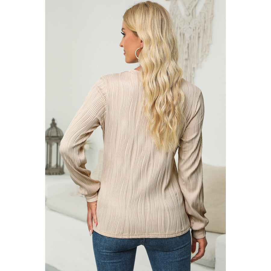 Textured Round Neck Long Sleeve Blouse Apparel and Accessories