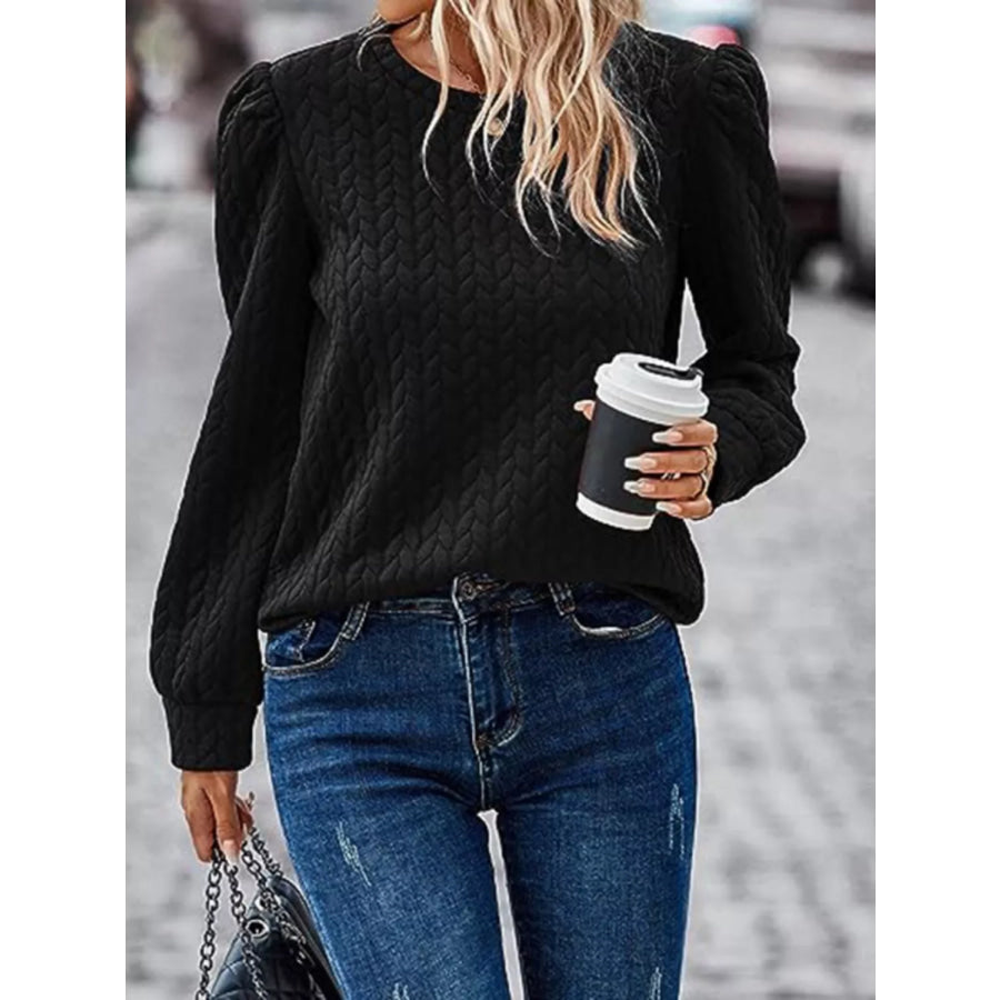 Textured Round Neck Long Sleeve Blouse Apparel and Accessories