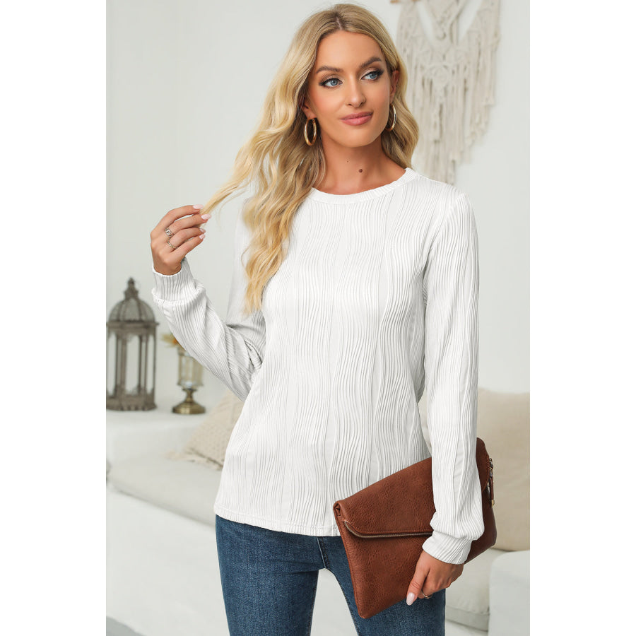 Textured Round Neck Long Sleeve Blouse Apparel and Accessories