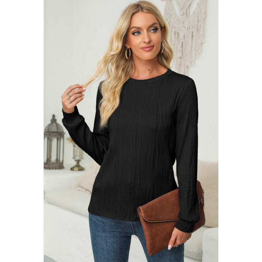 Textured Round Neck Long Sleeve Blouse Apparel and Accessories