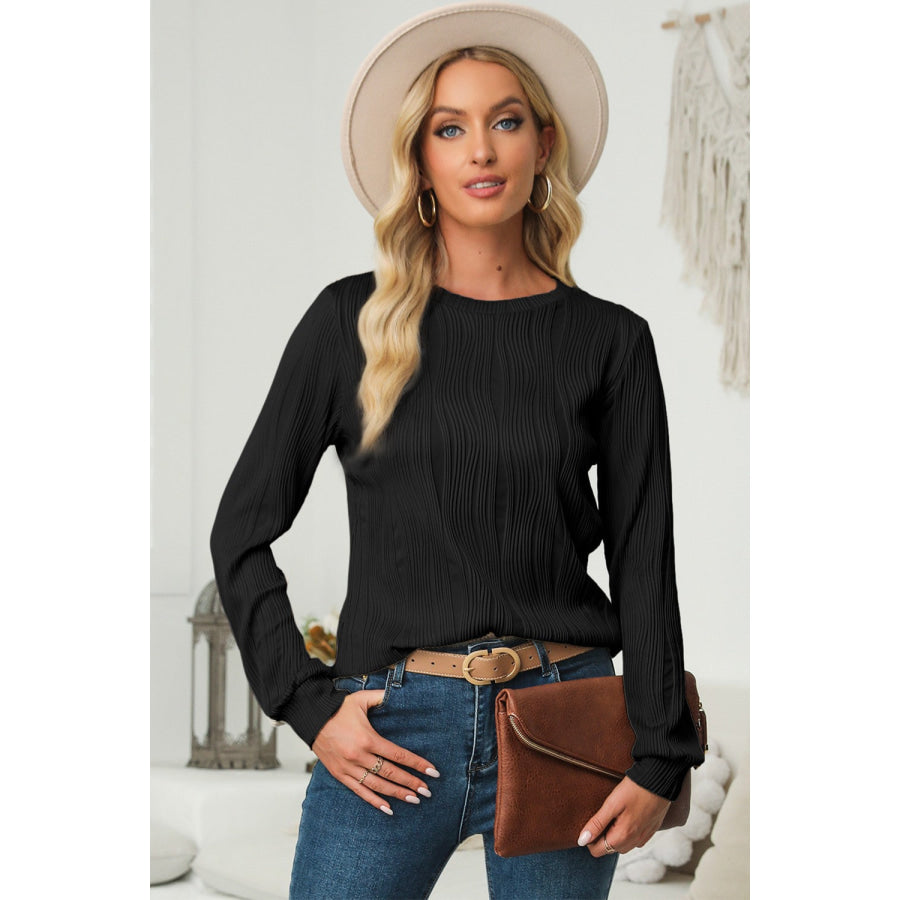 Textured Round Neck Long Sleeve Blouse Black / S Apparel and Accessories