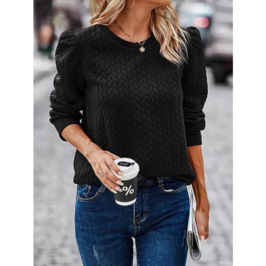 Textured Round Neck Long Sleeve Blouse Black / S Apparel and Accessories