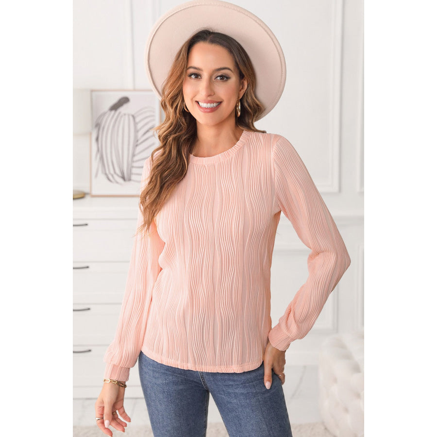 Textured Round Neck Long Sleeve Blouse Blush Pink / S Apparel and Accessories