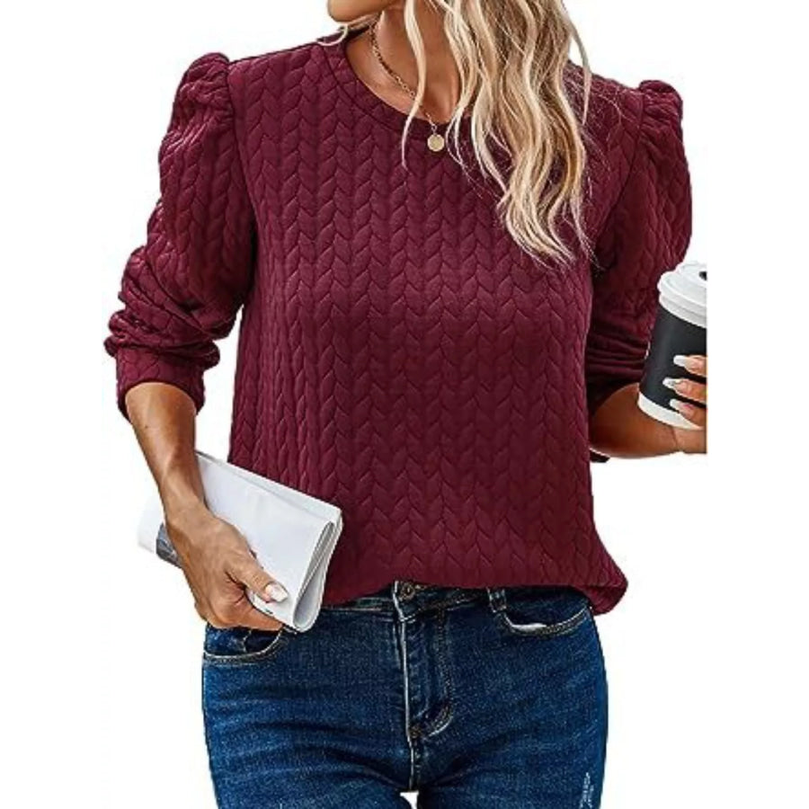 Textured Round Neck Long Sleeve Blouse Burgundy / S Apparel and Accessories