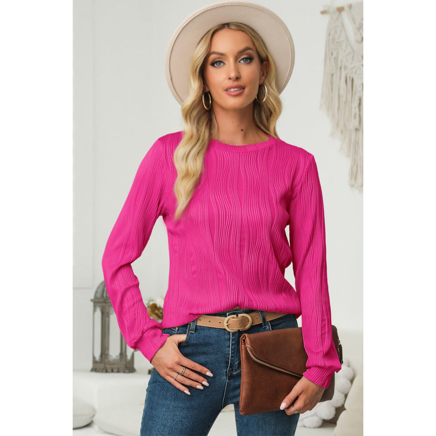 Textured Round Neck Long Sleeve Blouse Cerise / S Apparel and Accessories