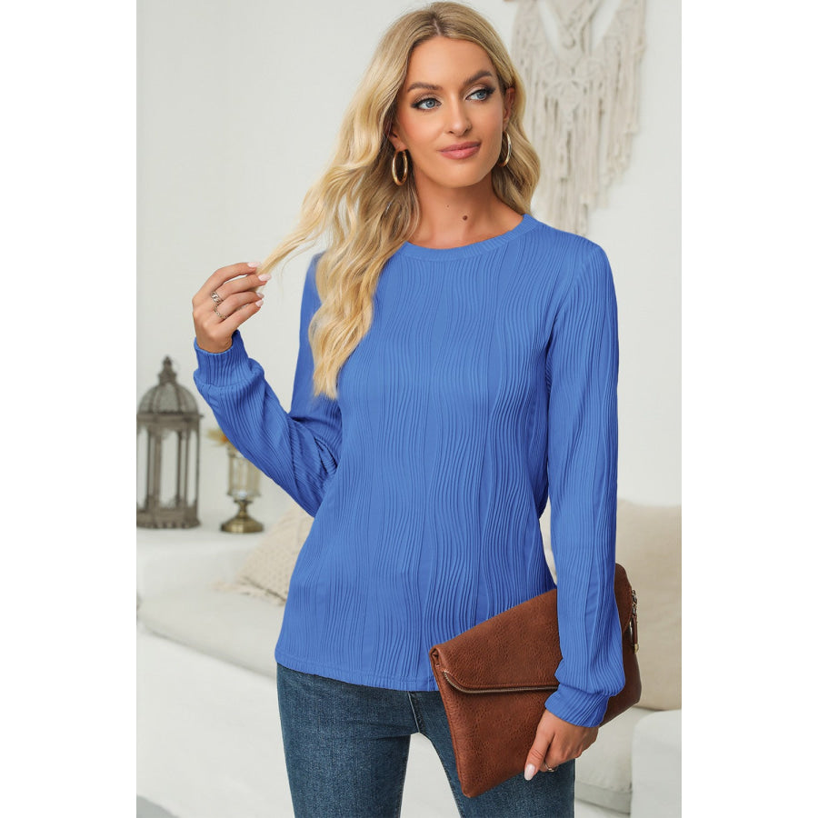 Textured Round Neck Long Sleeve Blouse Cerulean / S Apparel and Accessories