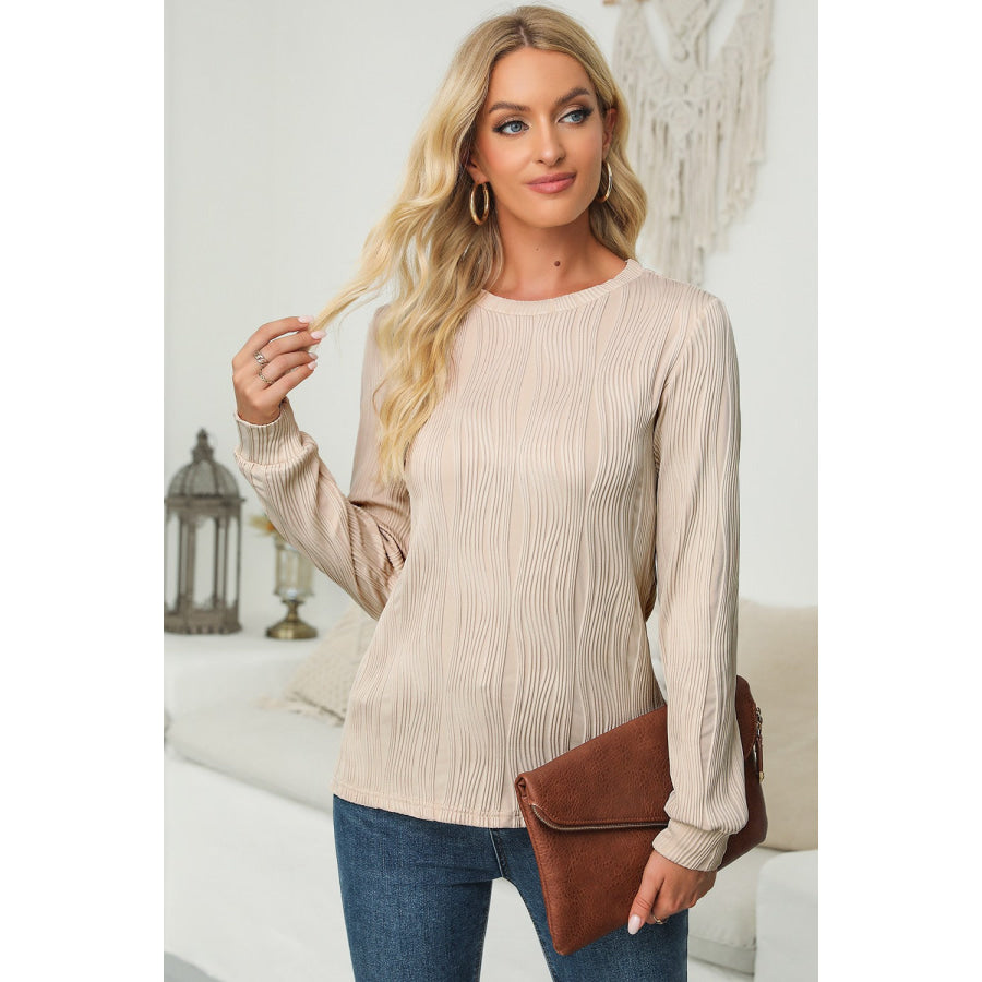 Textured Round Neck Long Sleeve Blouse Dust Storm / S Apparel and Accessories