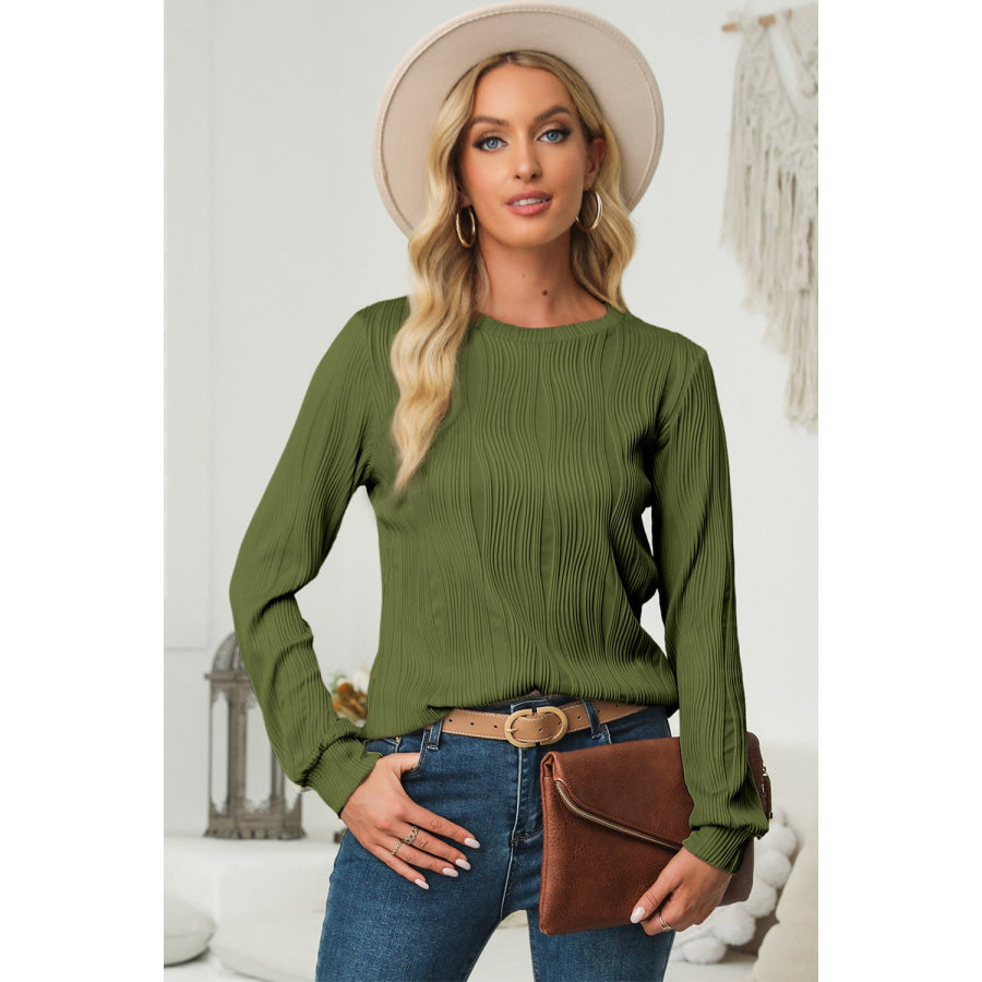 Textured Round Neck Long Sleeve Blouse Moss / S Apparel and Accessories