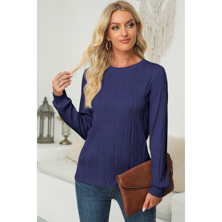 Textured Round Neck Long Sleeve Blouse Navy / S Apparel and Accessories