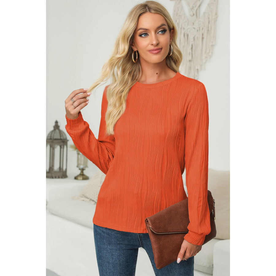 Textured Round Neck Long Sleeve Blouse Orange / S Apparel and Accessories