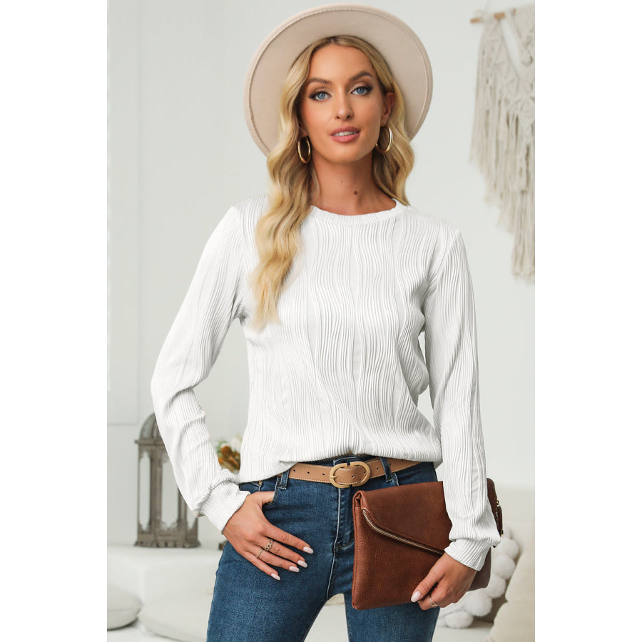 Textured Round Neck Long Sleeve Blouse White / S Apparel and Accessories