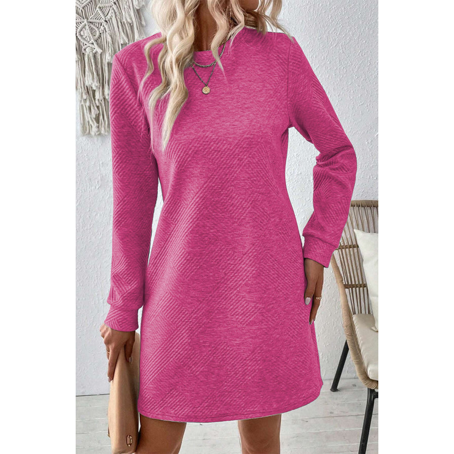 Textured Round Neck Long Sleeve Mini Dress Apparel and Accessories