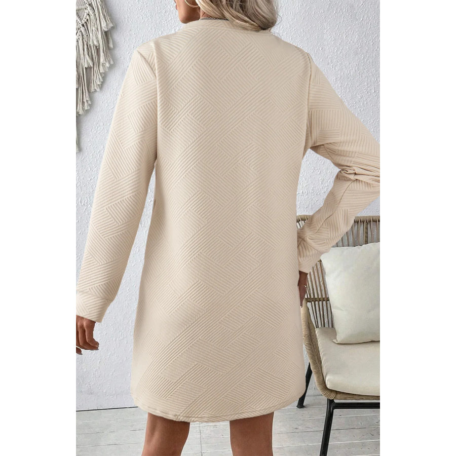 Textured Round Neck Long Sleeve Mini Dress Apparel and Accessories