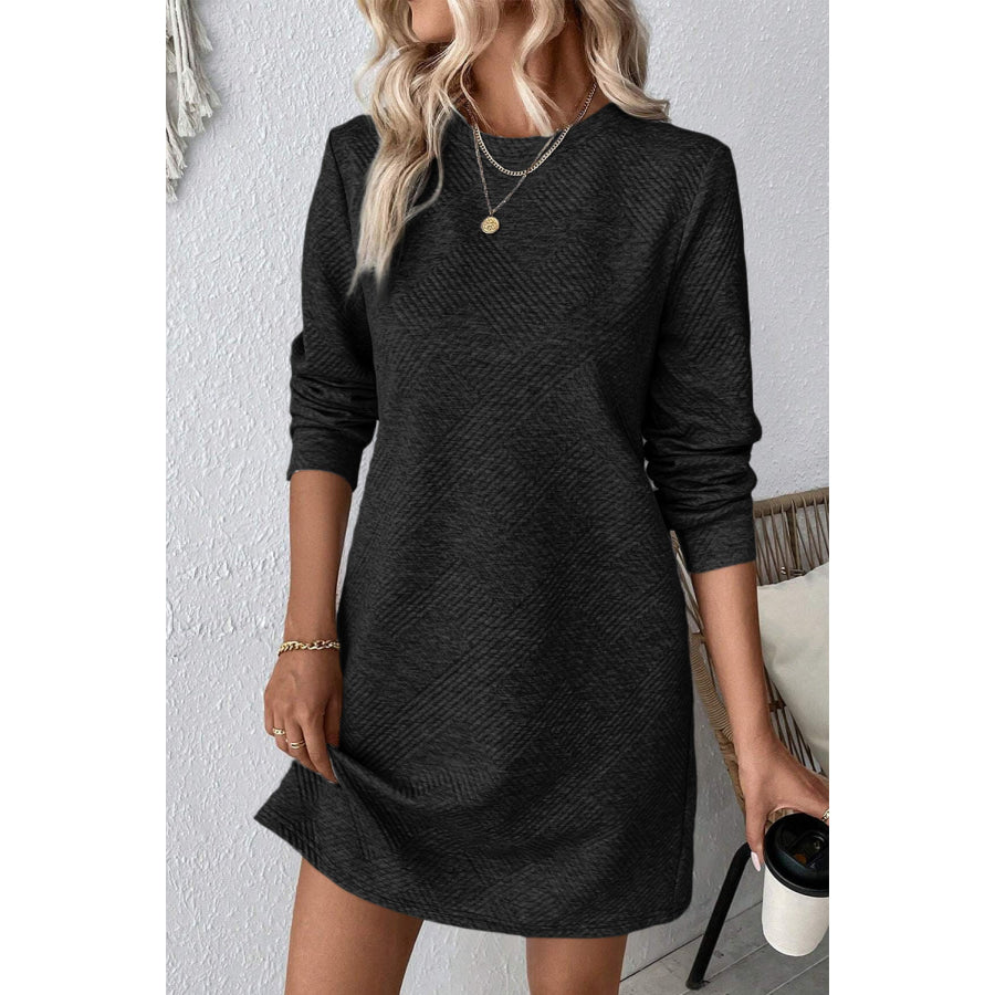 Textured Round Neck Long Sleeve Mini Dress Apparel and Accessories