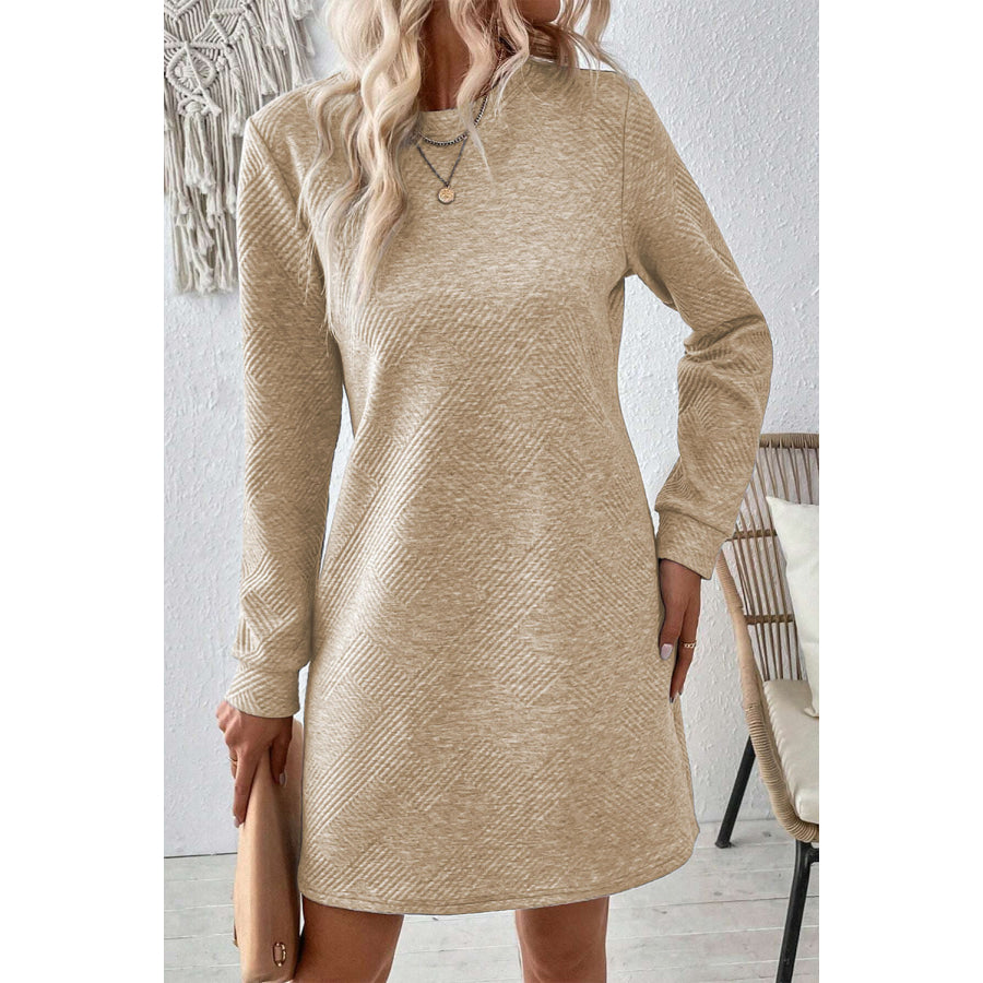 Textured Round Neck Long Sleeve Mini Dress Apparel and Accessories