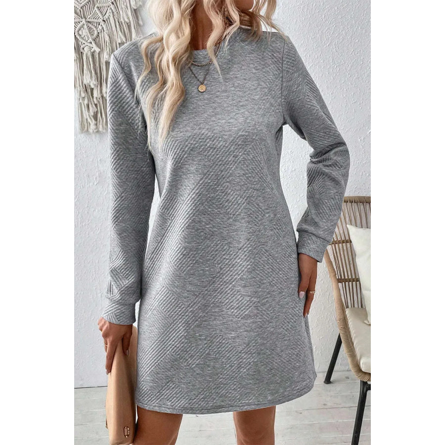 Textured Round Neck Long Sleeve Mini Dress Apparel and Accessories