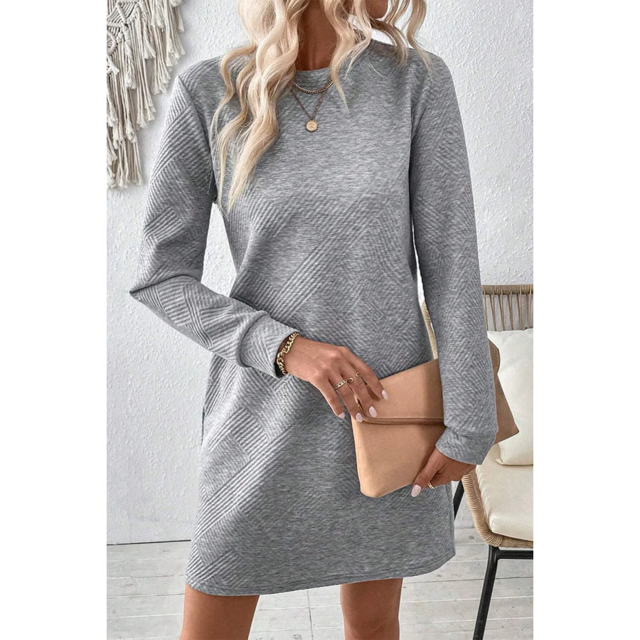 Textured Round Neck Long Sleeve Mini Dress Apparel and Accessories