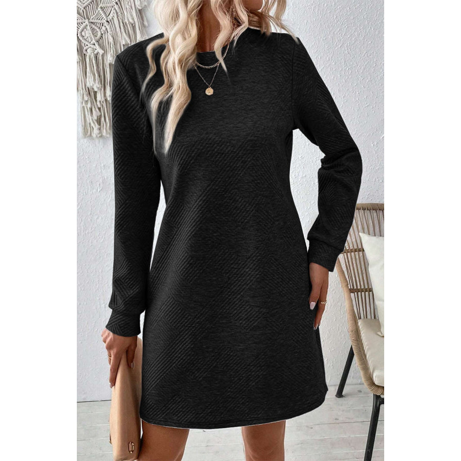 Textured Round Neck Long Sleeve Mini Dress Black / S Apparel and Accessories