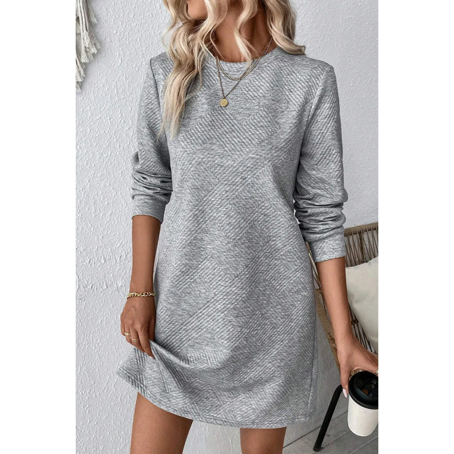 Textured Round Neck Long Sleeve Mini Dress Gray / S Apparel and Accessories