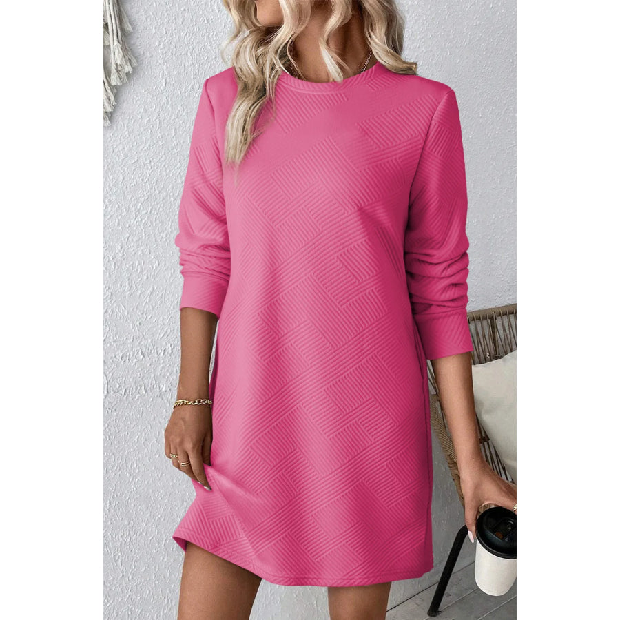 Textured Round Neck Long Sleeve Mini Dress Hot Pink / S Apparel and Accessories