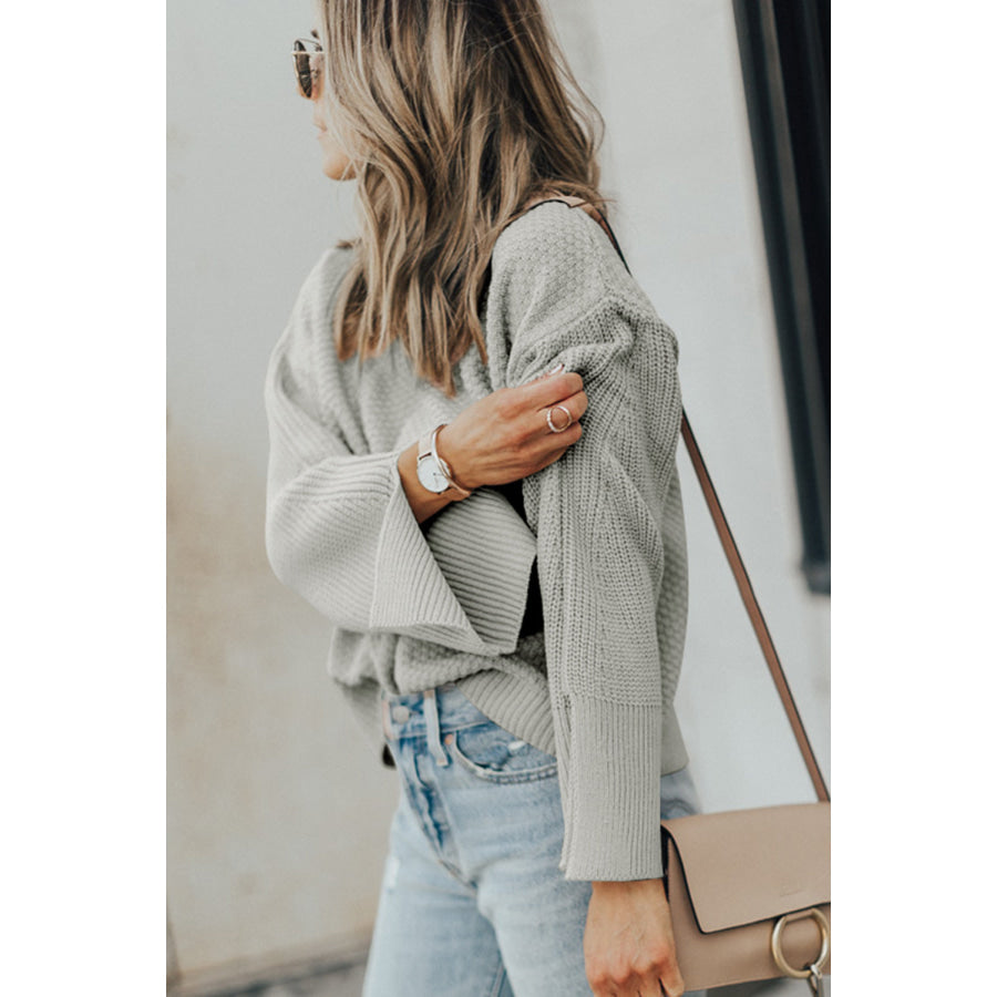 Textured Round Neck Long Sleeve Sweater Apparel and Accessories