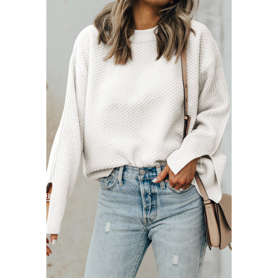 Textured Round Neck Long Sleeve Sweater Apparel and Accessories