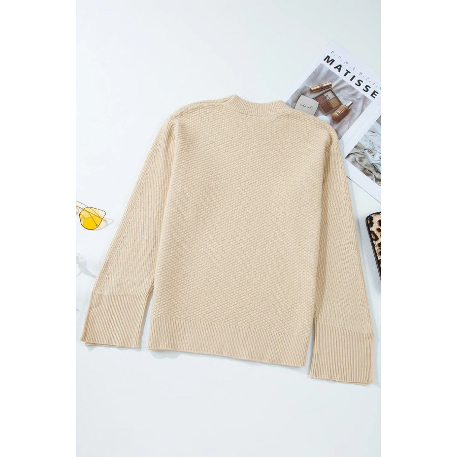 Textured Round Neck Long Sleeve Sweater Apparel and Accessories