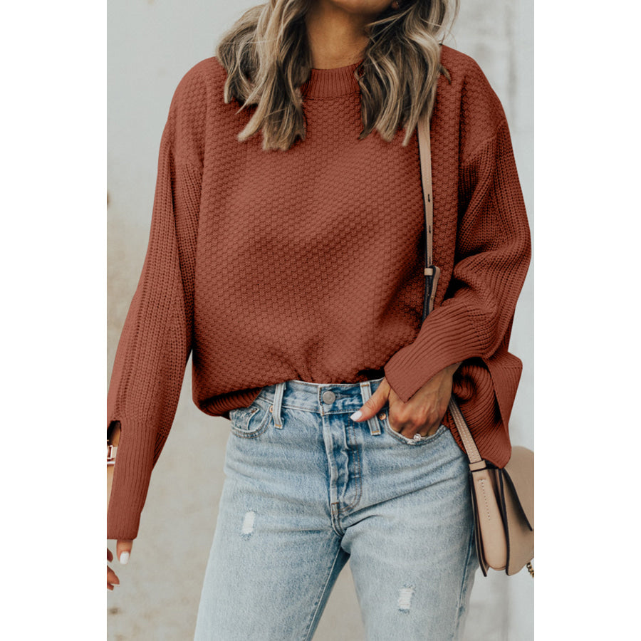 Textured Round Neck Long Sleeve Sweater Apparel and Accessories