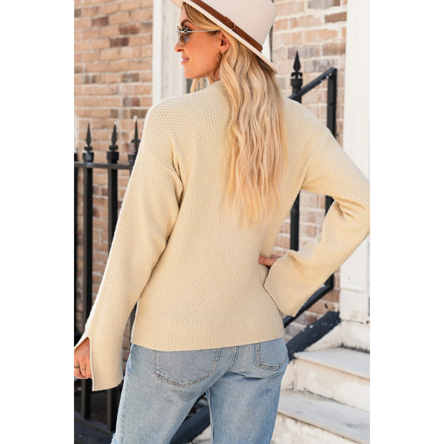 Textured Round Neck Long Sleeve Sweater Apparel and Accessories