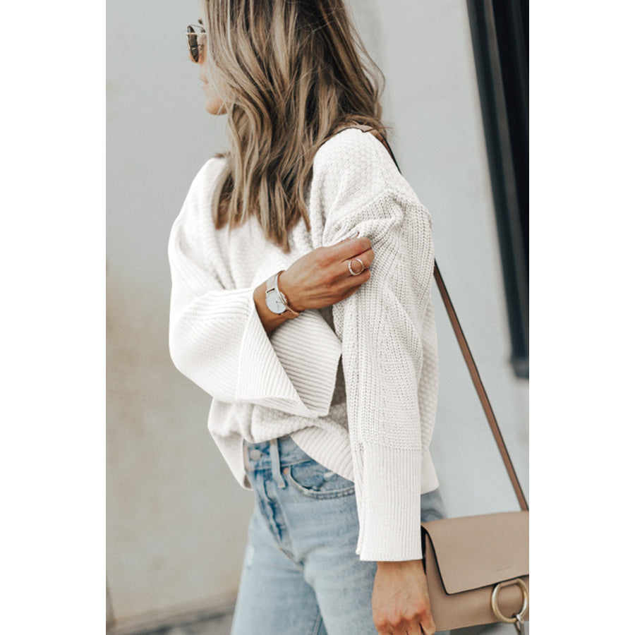 Textured Round Neck Long Sleeve Sweater Apparel and Accessories