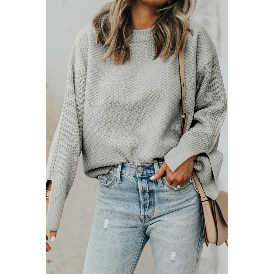 Textured Round Neck Long Sleeve Sweater Apparel and Accessories