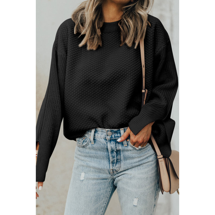 Textured Round Neck Long Sleeve Sweater Apparel and Accessories