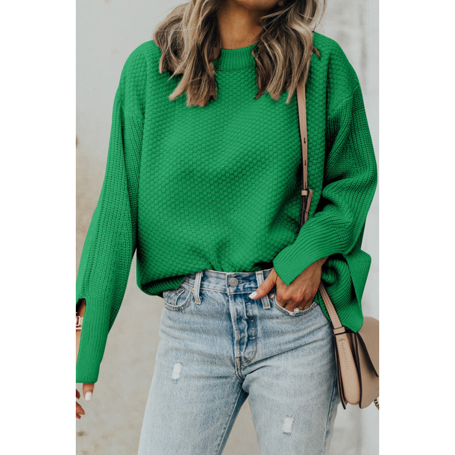 Textured Round Neck Long Sleeve Sweater Apparel and Accessories