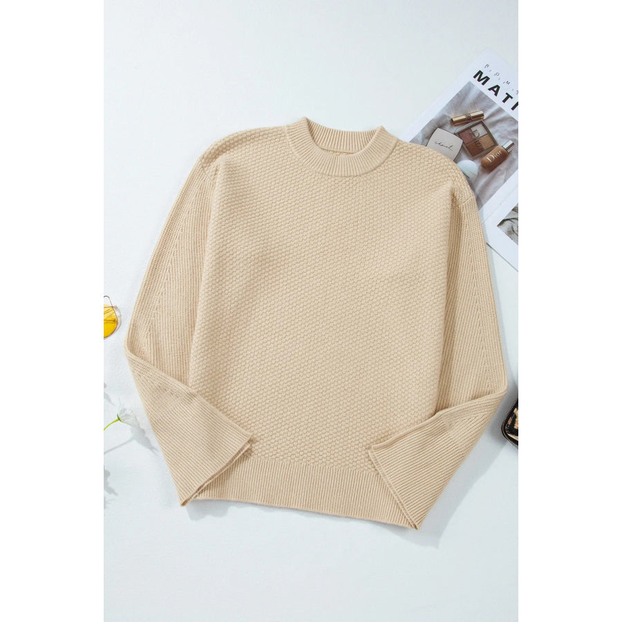 Textured Round Neck Long Sleeve Sweater Apparel and Accessories