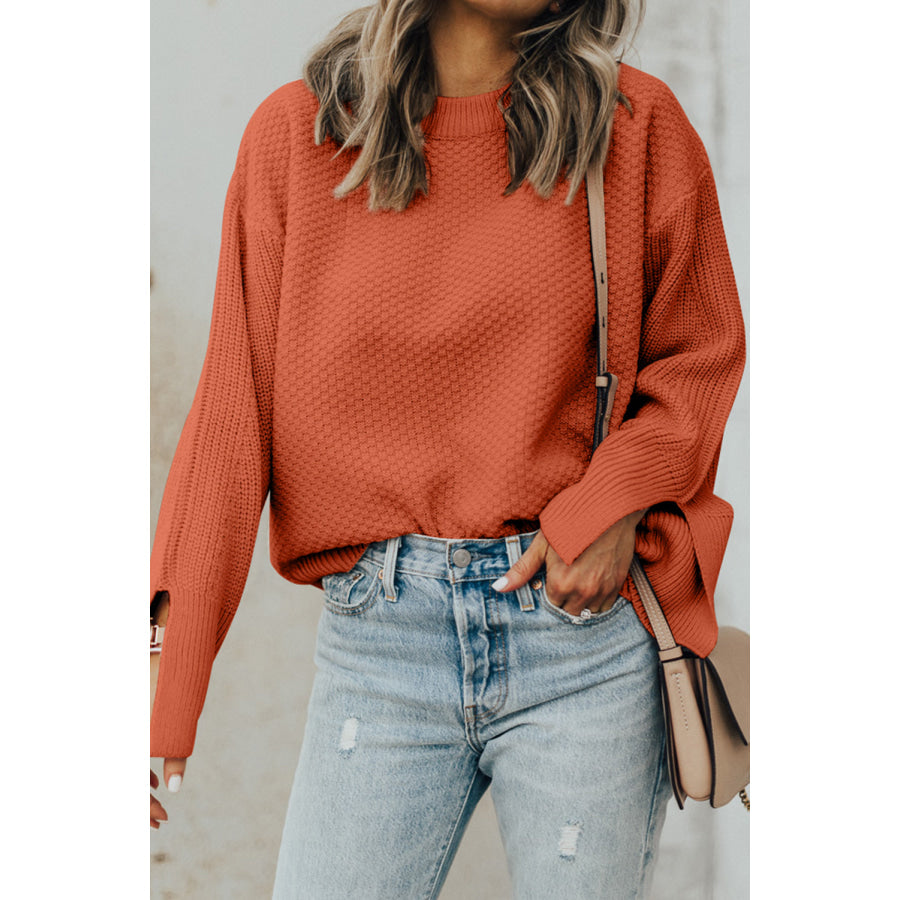 Textured Round Neck Long Sleeve Sweater Apparel and Accessories