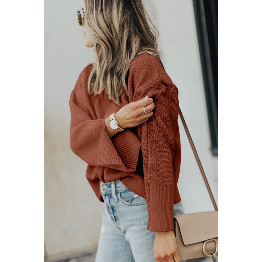 Textured Round Neck Long Sleeve Sweater Apparel and Accessories