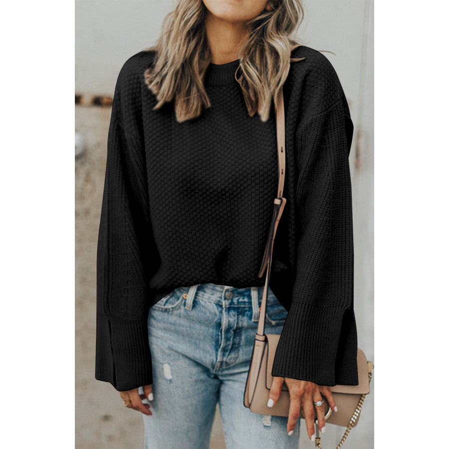 Textured Round Neck Long Sleeve Sweater Black / S Apparel and Accessories