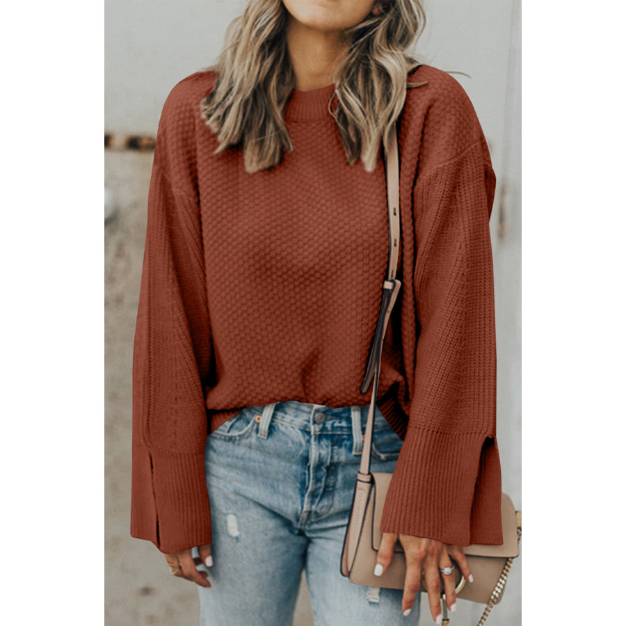 Textured Round Neck Long Sleeve Sweater Dark Brown / S Apparel and Accessories