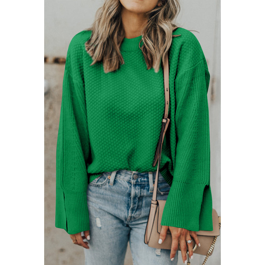 Textured Round Neck Long Sleeve Sweater Dark Green / S Apparel and Accessories