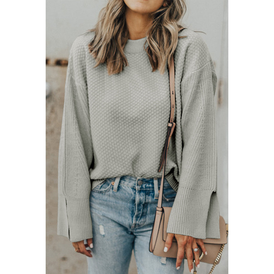 Textured Round Neck Long Sleeve Sweater Gray / S Apparel and Accessories