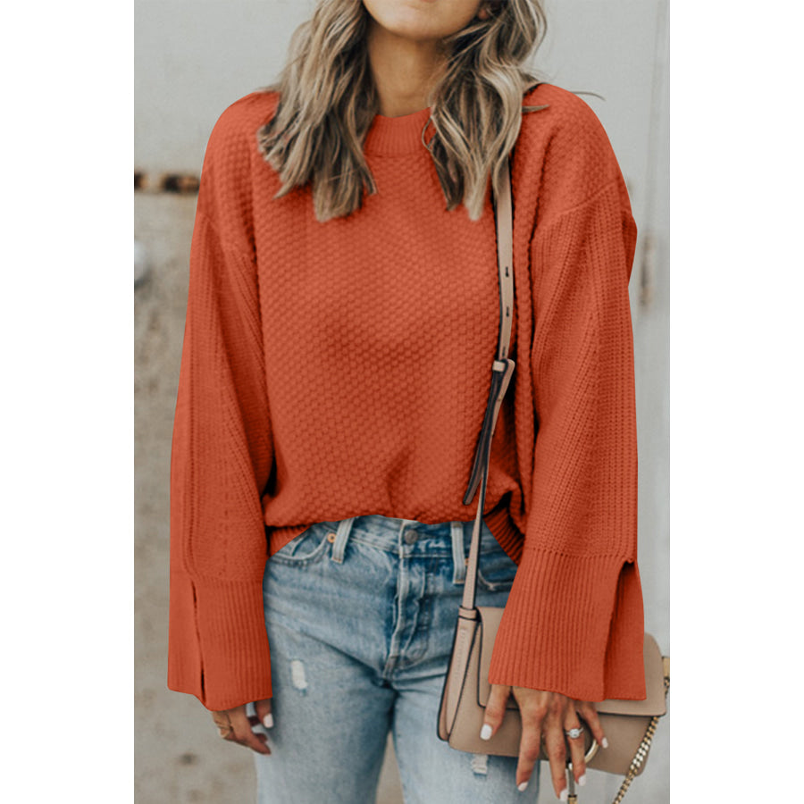 Textured Round Neck Long Sleeve Sweater Ochre / S Apparel and Accessories