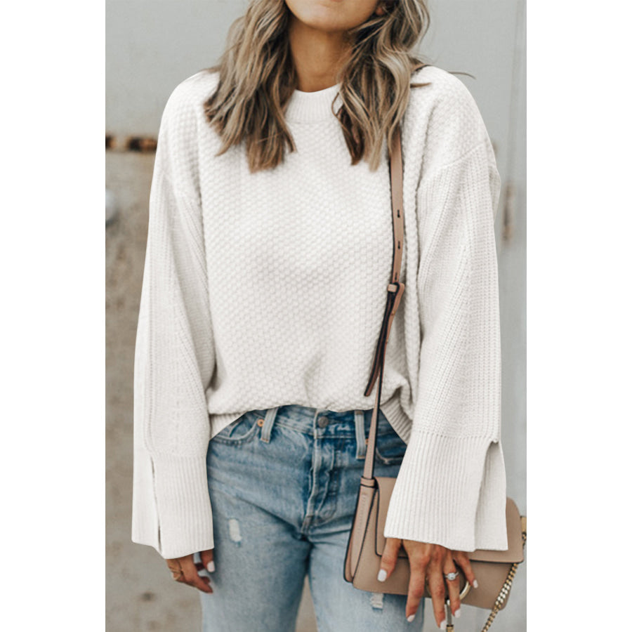 Textured Round Neck Long Sleeve Sweater White / S Apparel and Accessories