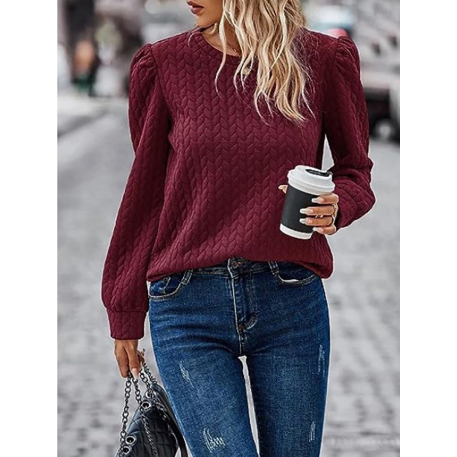 Textured Round Neck Long Sleeve Sweatshirt Apparel and Accessories