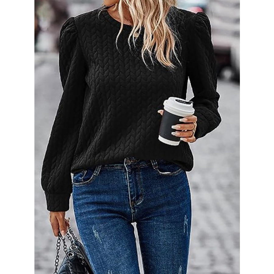 Textured Round Neck Long Sleeve Sweatshirt Apparel and Accessories