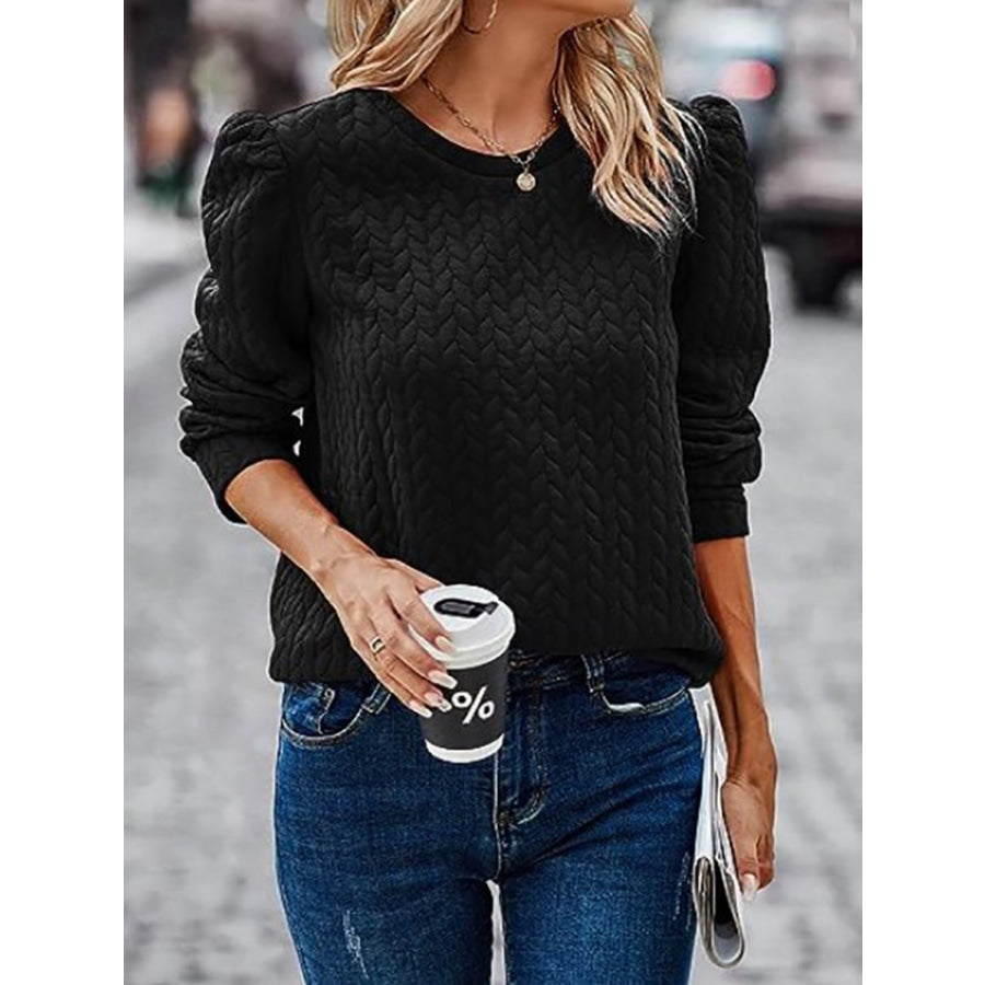 Textured Round Neck Long Sleeve Sweatshirt Black / S Apparel and Accessories