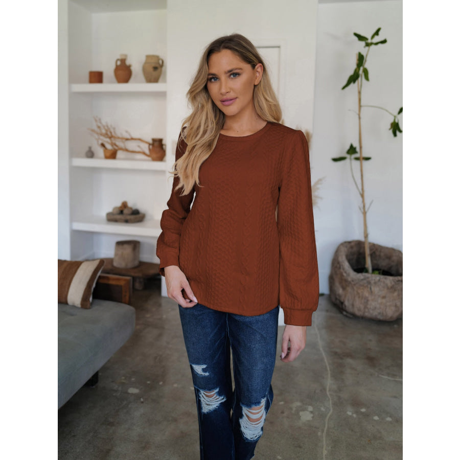 Textured Round Neck Long Sleeve Sweatshirt Brown / S Apparel and Accessories