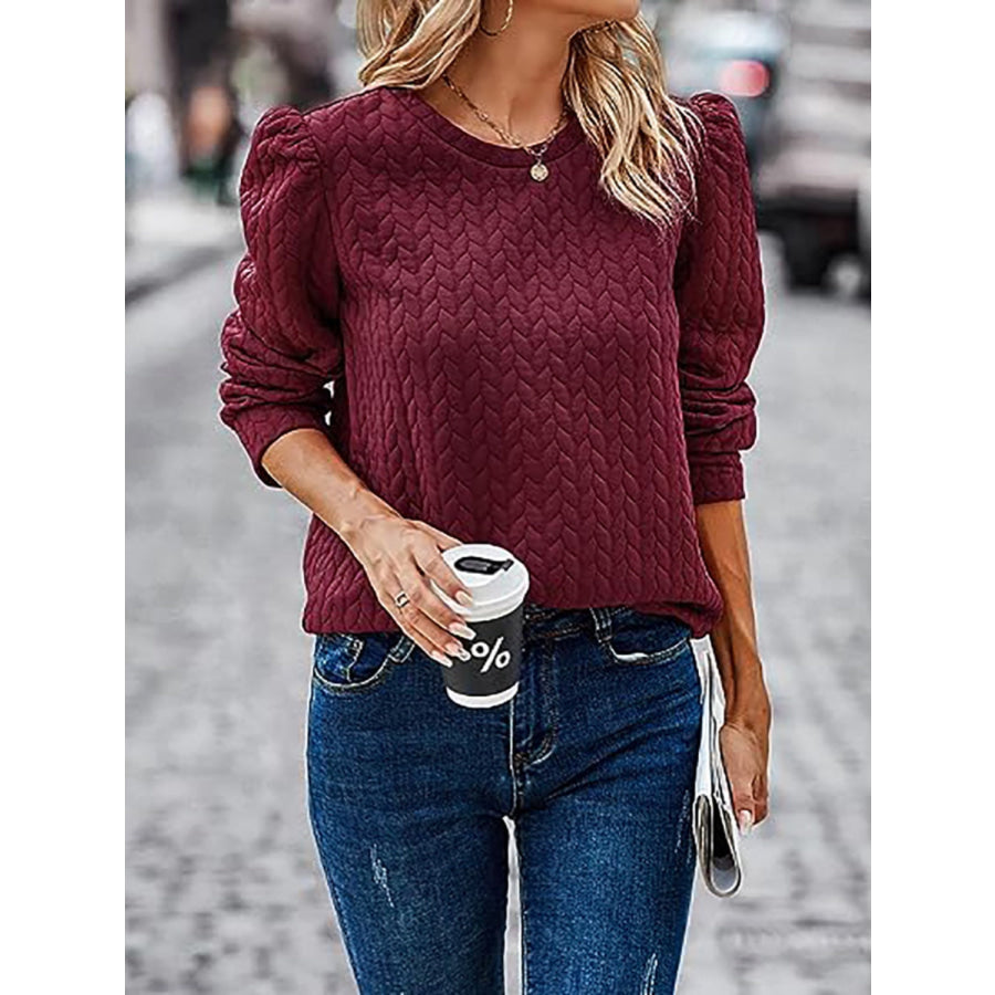 Textured Round Neck Long Sleeve Sweatshirt Burgundy / S Apparel and Accessories